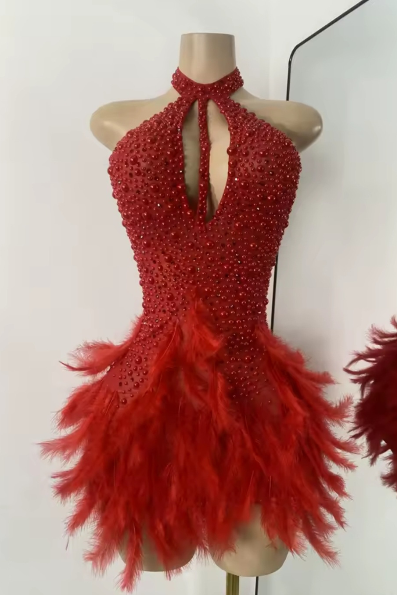 Pearl Allure Feather Dress - RED